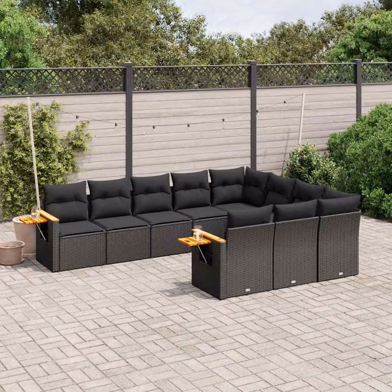 Set di divani da giardino vidaXL in polyrattan nero con cuscini e tavolino da esterno a forma di L
