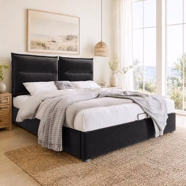 Letto Contenitore REDOM in Velluto Nero con Testiera Regolabile L/P/H: 140 x 200 x 113 cm – 1