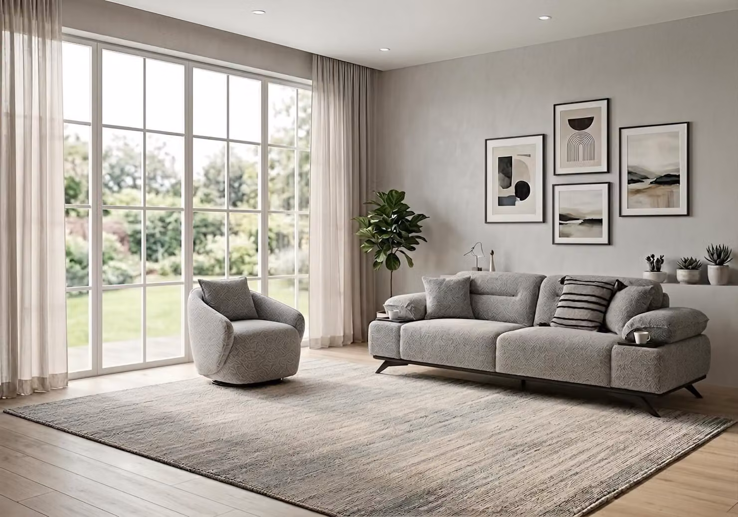 Set divano e poltrona, design moderno, grigio, elegante, lussuoso, completo per soggiorno