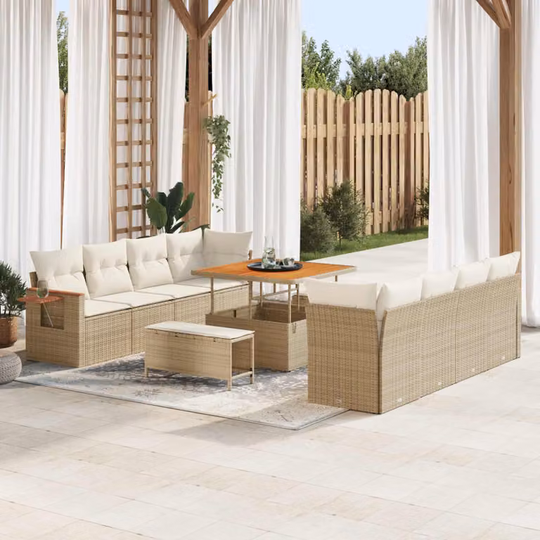 Set Divano da Giardino vidaXL 11 pz in Polyrattan Beige con Cuscini e Tavolino
