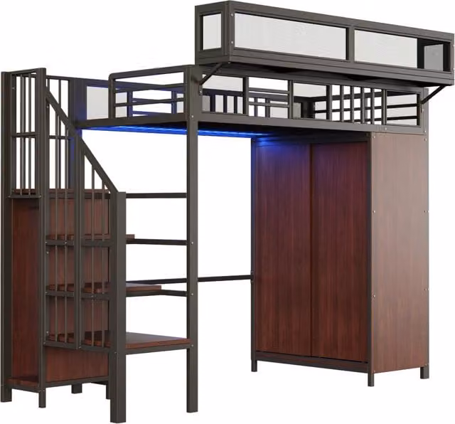 Letto a soppalco in metallo 90×200 cm con armadio, scala di sicurezza, illuminazione LED e sponde protettive in rete, nero