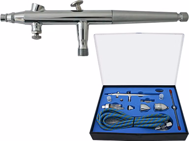 Pistola ad aerografo Wiltec tipo 186K con funzione a doppia azione, ugello Ø 0,2-0,5 mm, 3 tazze di colore, adattatore per modellismo, nail art ecc.