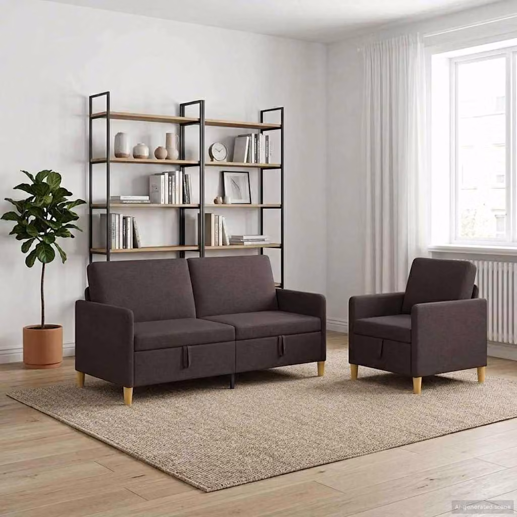Set di divani moderni vidaXL composto da divano a 3 posti, divano a 2 posti e poltrona con seduta sollevabile e contenitore, colore marrone, rivestimento in tessuto con coperture rimovibili