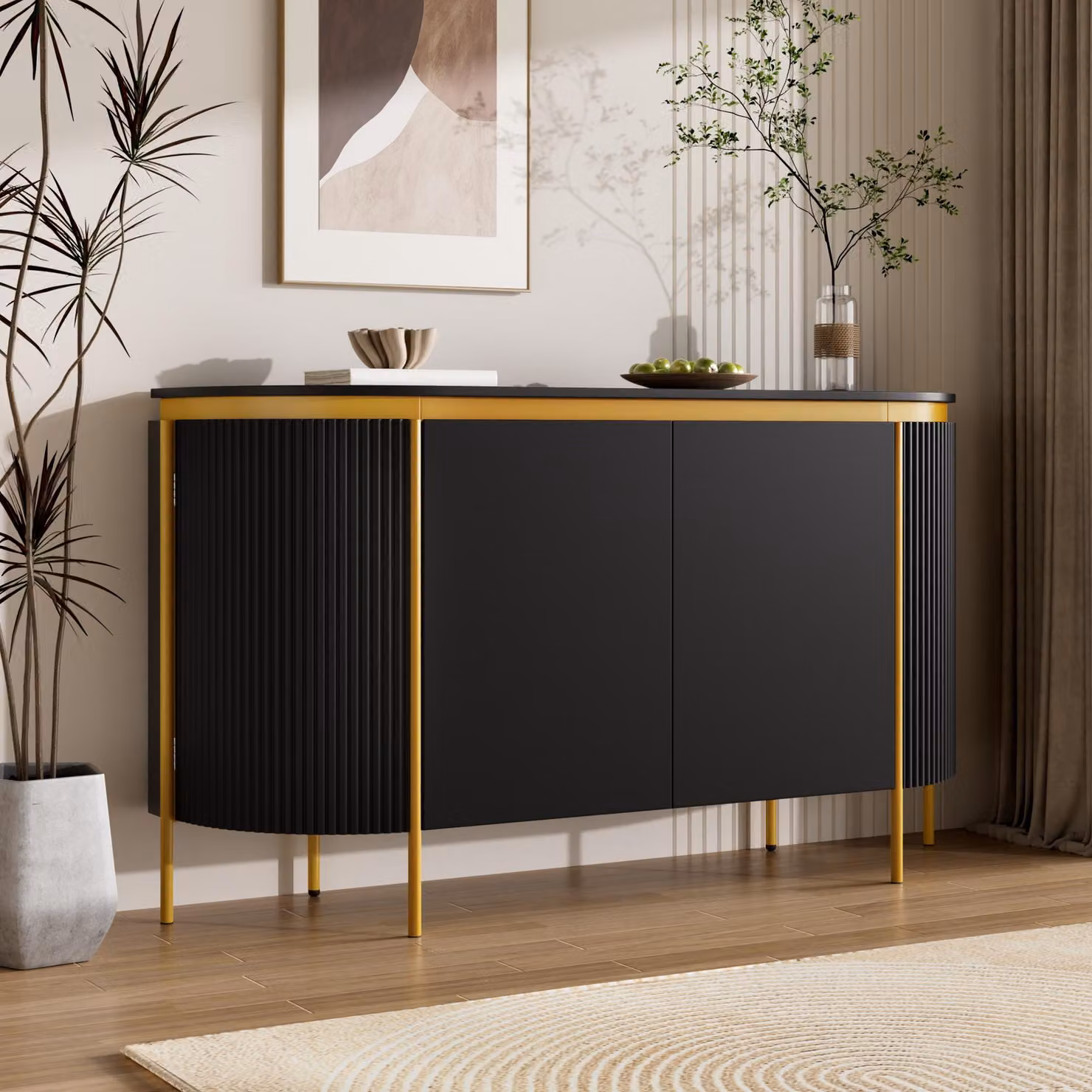 Mobile contenitore STILVORA con 4 ante e finitura a coste, credenza con gambe in ferro e ripiano interno, mobile per soggiorno con passacavo
