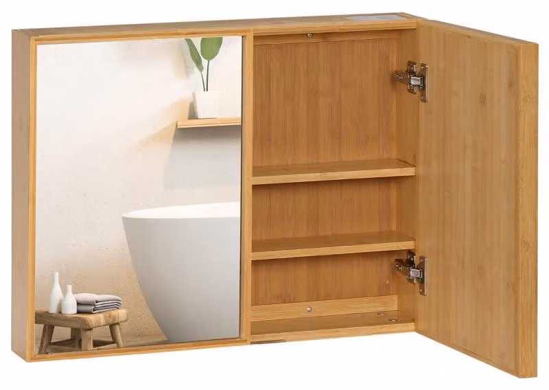 Mobiletto da bagno con ante a specchio e 4 scomparti | Colore: naturale | Dimensioni: 65,2 x 14 x 50 cm