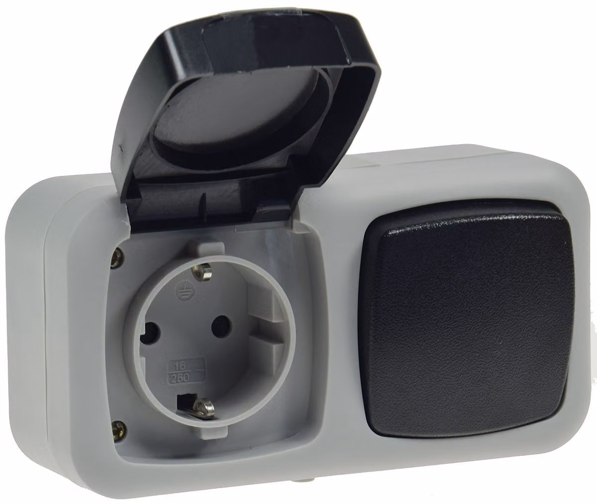 Interruttore/presa combinata ChiliTec a prova di umidità, IP44 250V AC / 10 / 16A, grigio, montaggio a superficie orizzontale