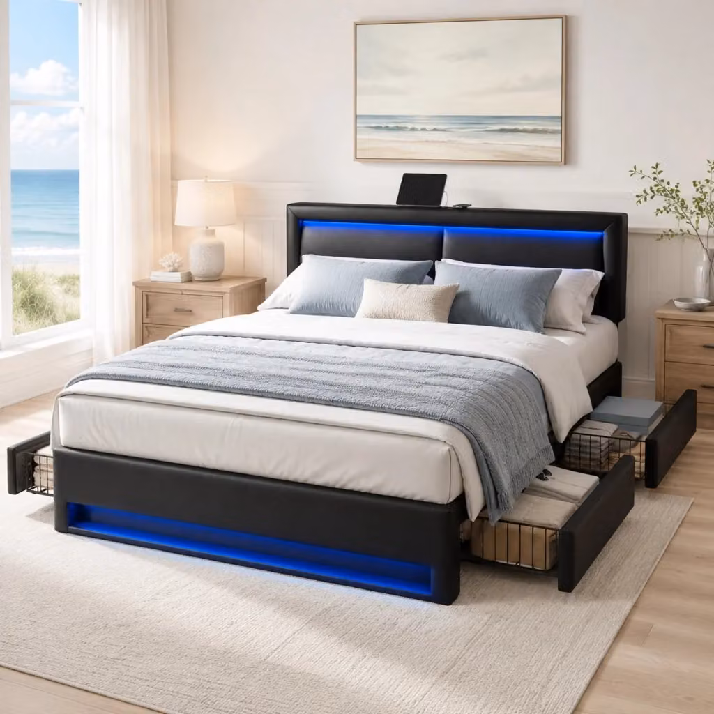 Letto Mivray con cassetti e imbottitura in ecopelle nera, dotato di illuminazione LED a 12 colori, ricarica USB e wireless, L/P: 140 x 200 cm – 2