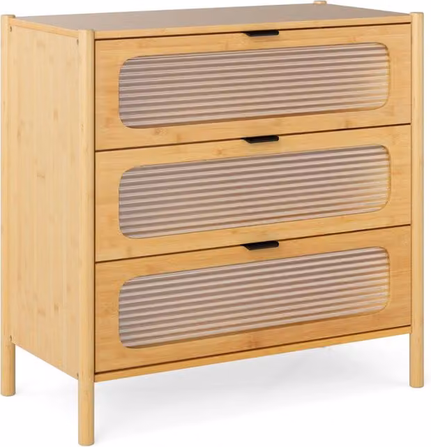 Cassettiera a 3 cassetti con maniglie in stile met¨¤ secolo, Cassettiera con vetro temperato pannellato Naturale