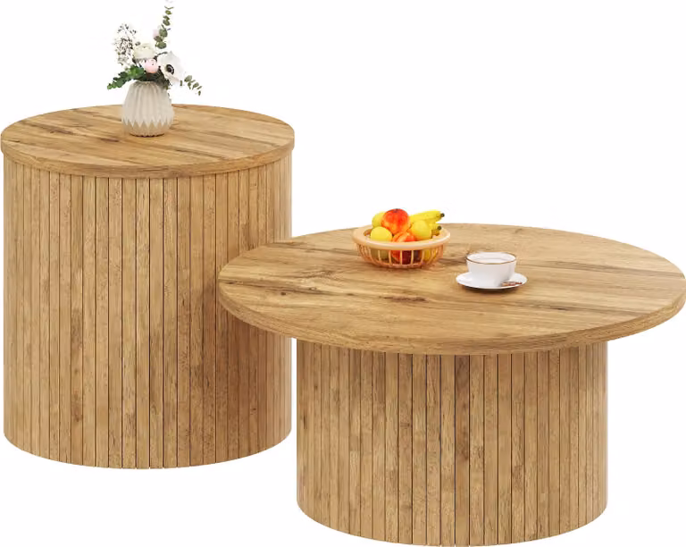 Tavolino da caffè rotondo, doppio, in legno naturale, multifunzionale, design moderno