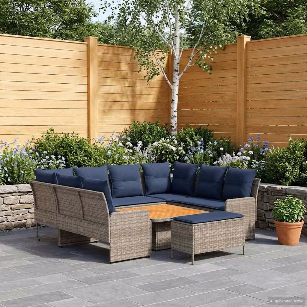 Set di mobili da giardino vidaXL 7 pezzi in rattan con struttura in legno di acacia e acciaio, colore grigio e blu navy, ideale per terrazzo o giardino
