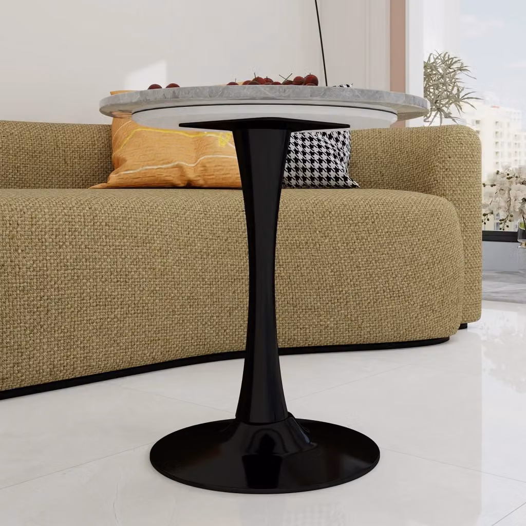 Tavolino da caffè rotondo MINIMAL con piano in vetro temperato e marmo grigio, Diametro: 70 cm, Altezza: 72 cm – 2