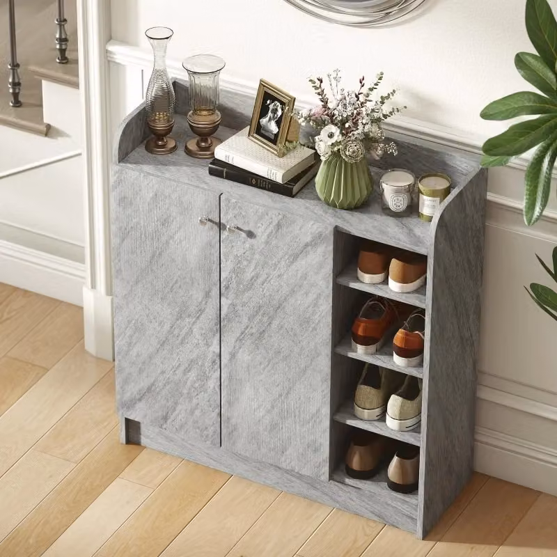 Mobile porta scarpe moderno WISHDOR grigio opaco con ante a battente e ripiani aperti L/P/H: 83 x 30 x 90 cm – 2