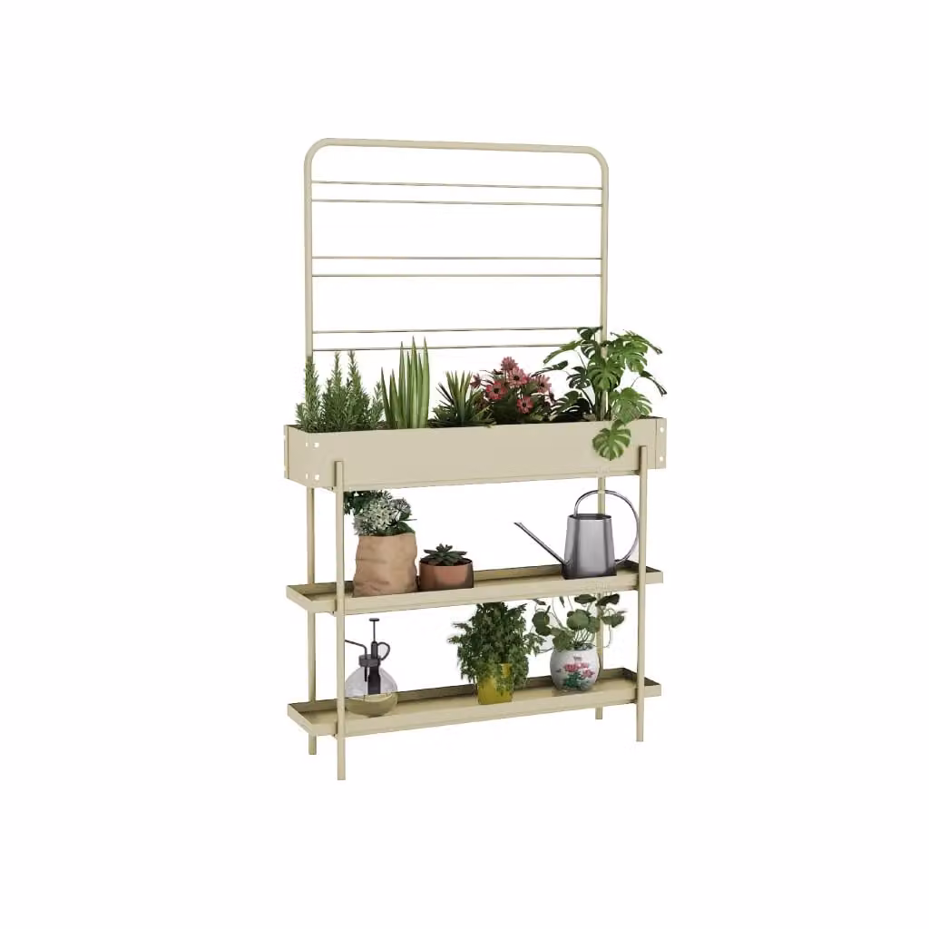 Fioriera Ox Zeroper beige con 3 piani e griglia in metallo L: 96 cm, P: 24 cm, H: 155 cm – 2