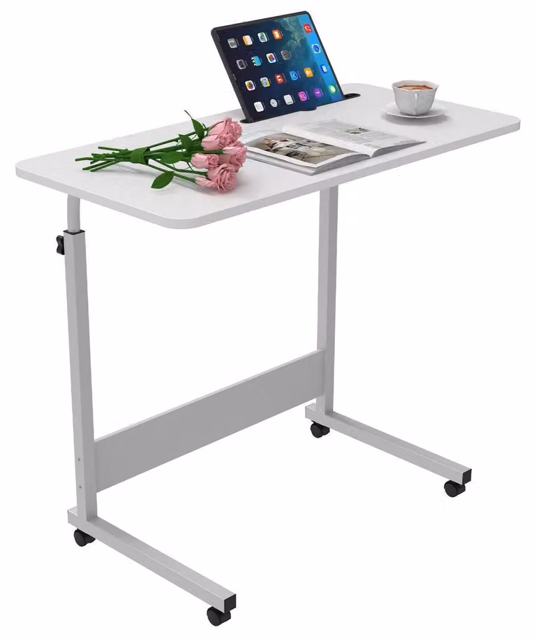 Tavolo per laptop con rotelle, dimensioni 80x40 cm, altezza regolabile da 69 a 90 cm, con fessura per tablet e portabicchieri, colore bianco