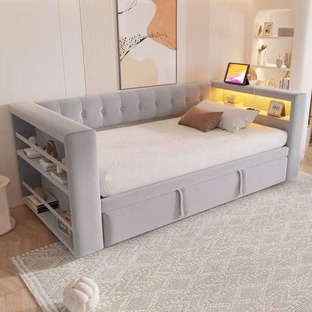 Divano letto 90/180x190 cm con LED; presa e vani portaoggetti in flanella