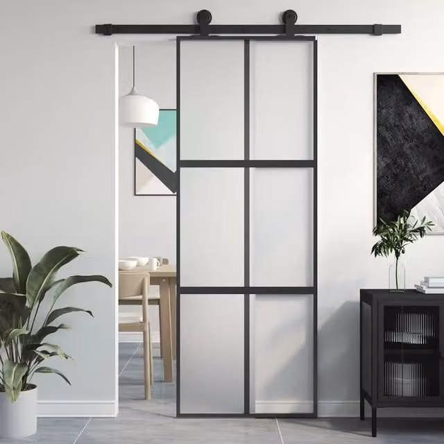 Porta Scorrevole vidaXL in Vetro Temperato e Alluminio, Colore Nero, L: 76 cm, H: 205 cm