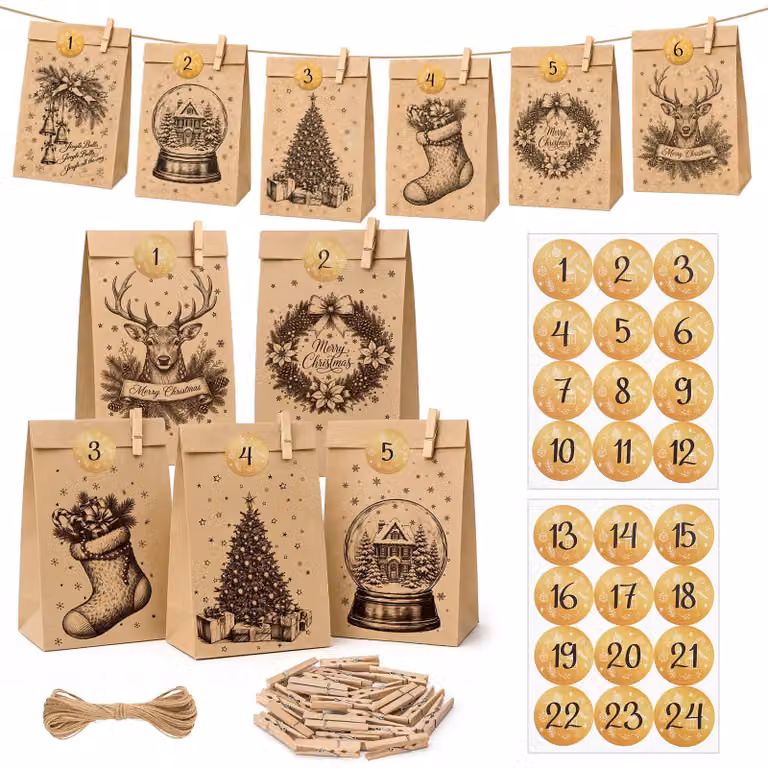 Calendario dell'Avvento da riempire, 24 sacchetti, carta kraft, stile vintage