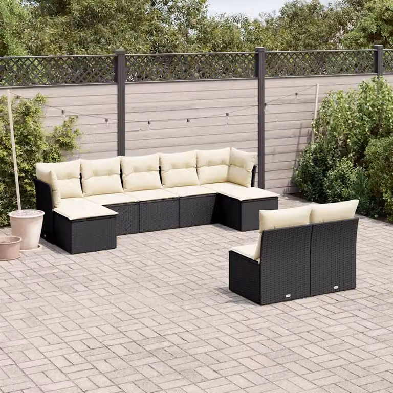 Set di divani da giardino vidaXL a forma di L composto da 9 pezzi con cuscini in polyrattan nero e struttura in metallo