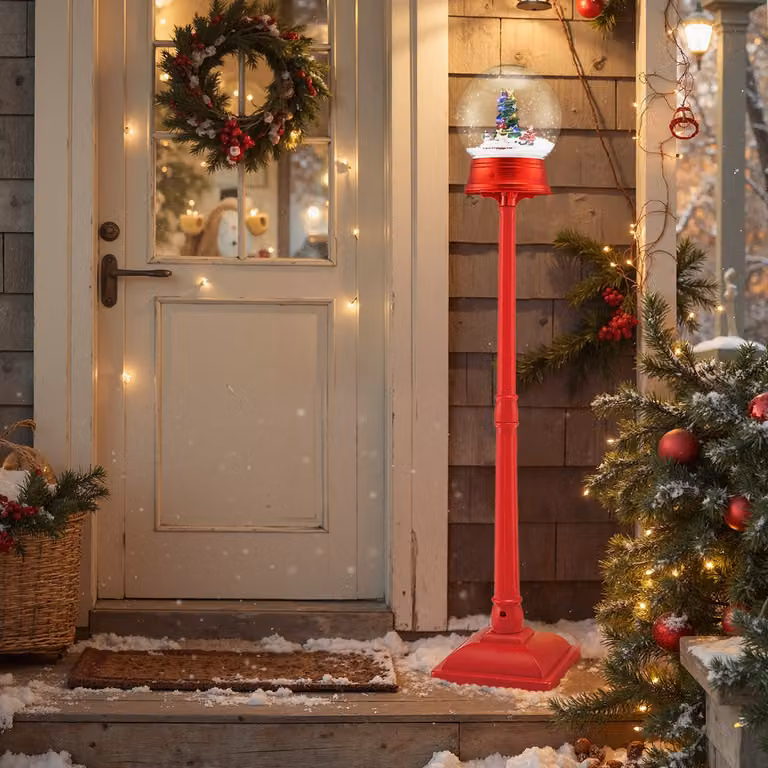 Lampione stradale natalizio musicale Costway con 15 luci LED colorate e globo della neve con Babbo Natale e pupazzo di neve multicolore