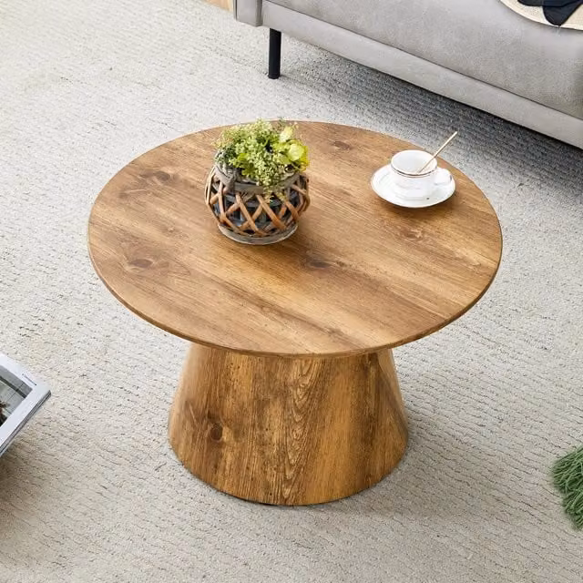 Tavolino basso fisso rotondo in MDF effetto legno con piano spesso 2.5 cm e portata fino a 120 kg diametro 60 cm