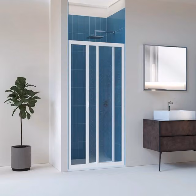 Porta doccia scorrevole Lucy Refote in acrilico e PVC bianco effetto satinato per nicchia, H: 190 cm, L: 130/120 cm