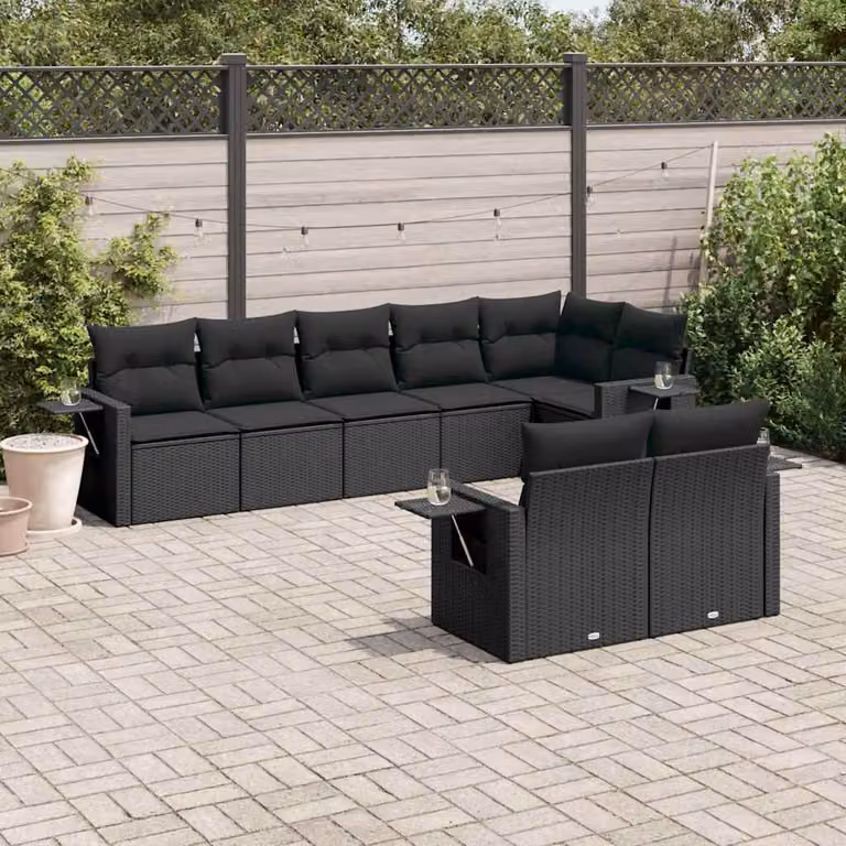 vidaXL Set Divani da Giardino a L con Cuscini 8 pz Nero in Polyrattan e Acciaio