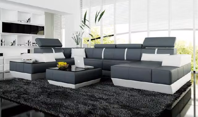 Ledersofa + USB,Wohnlandschaft Sofa Ecksofa Eckcouch Ledercouch Poster Ecke