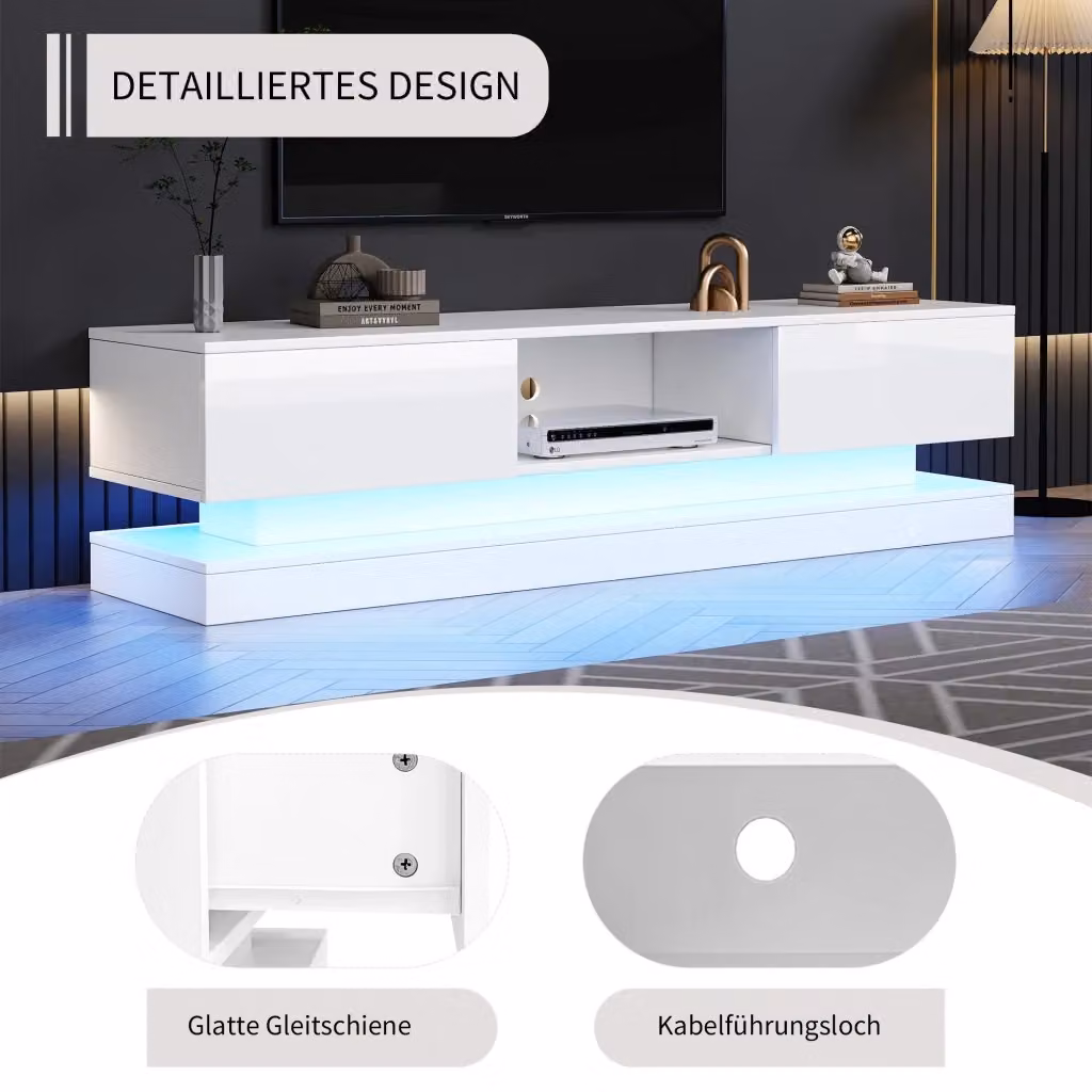 Mobile TV REDOM Bianco Lucido con Illuminazione LED e 2 Cassetti L: 160 cm, P: 35 cm, H: 40,5 cm – 2