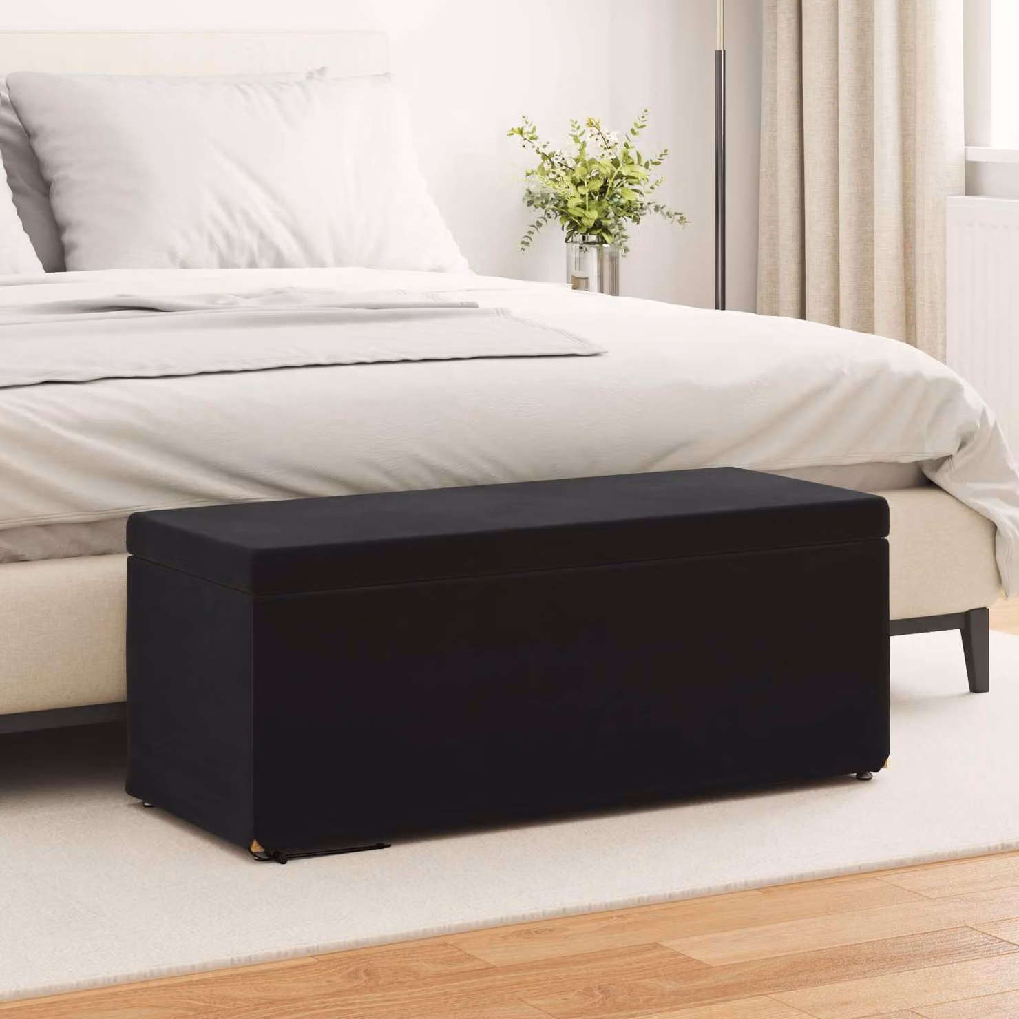 Pouf vidaXL in velluto nero con struttura in legno MDF, L 101 x P 41 x H 40 cm