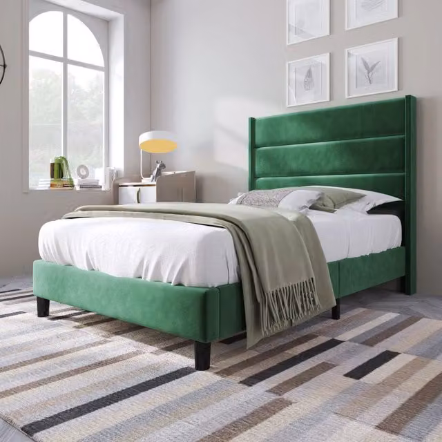 Letto singolo imbottito 90x200; struttura letto con rete a doghe; letto in velluto verde scuro con testiera