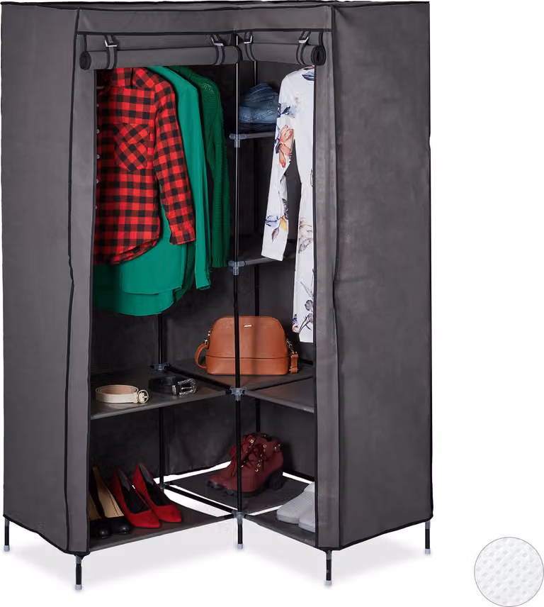 Armadio ad angolo Relaxdays, 3ª generazione, 8 ripiani, 2 aste appendiabiti, sistema a incastro, 2 ante, 169x100x83 cm, antracite