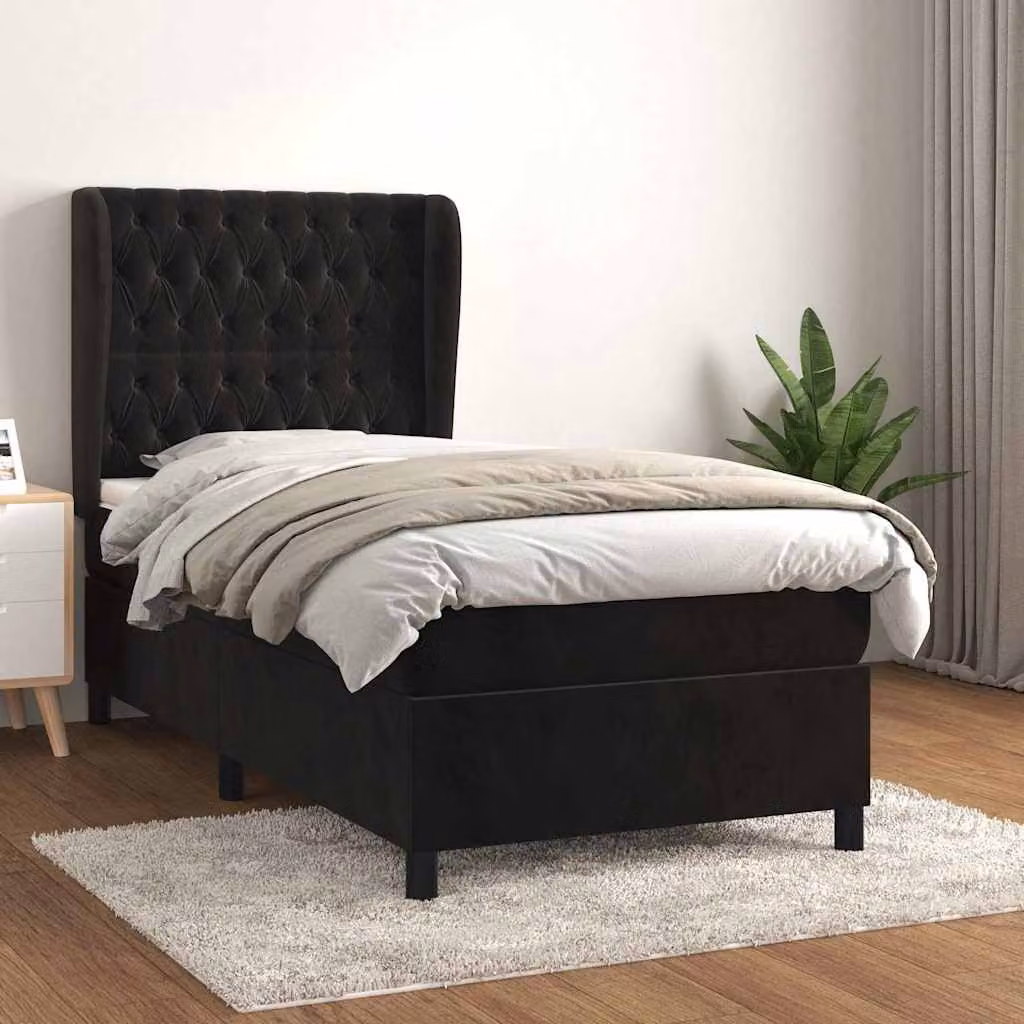 vidaXL Giroletto a Molle con Materasso in Velluto Nero L/P/H: 100 x 200 x 128 cm – 1