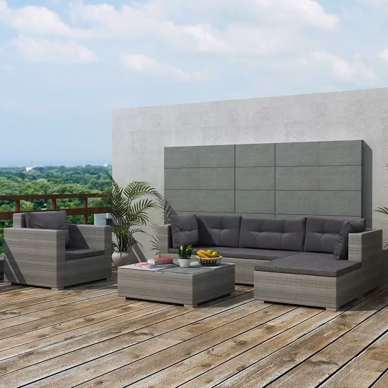 Set Divani da Giardino 6 pz con Cuscini in Polyrattan Grigio
