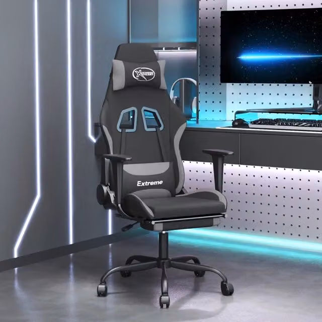 Sedia da Gaming vidaXL con Poggiapiedi e Poggiatesta, Tessuto Nero e Grigio, Ruote e Braccioli, Girevole 360° – 1
