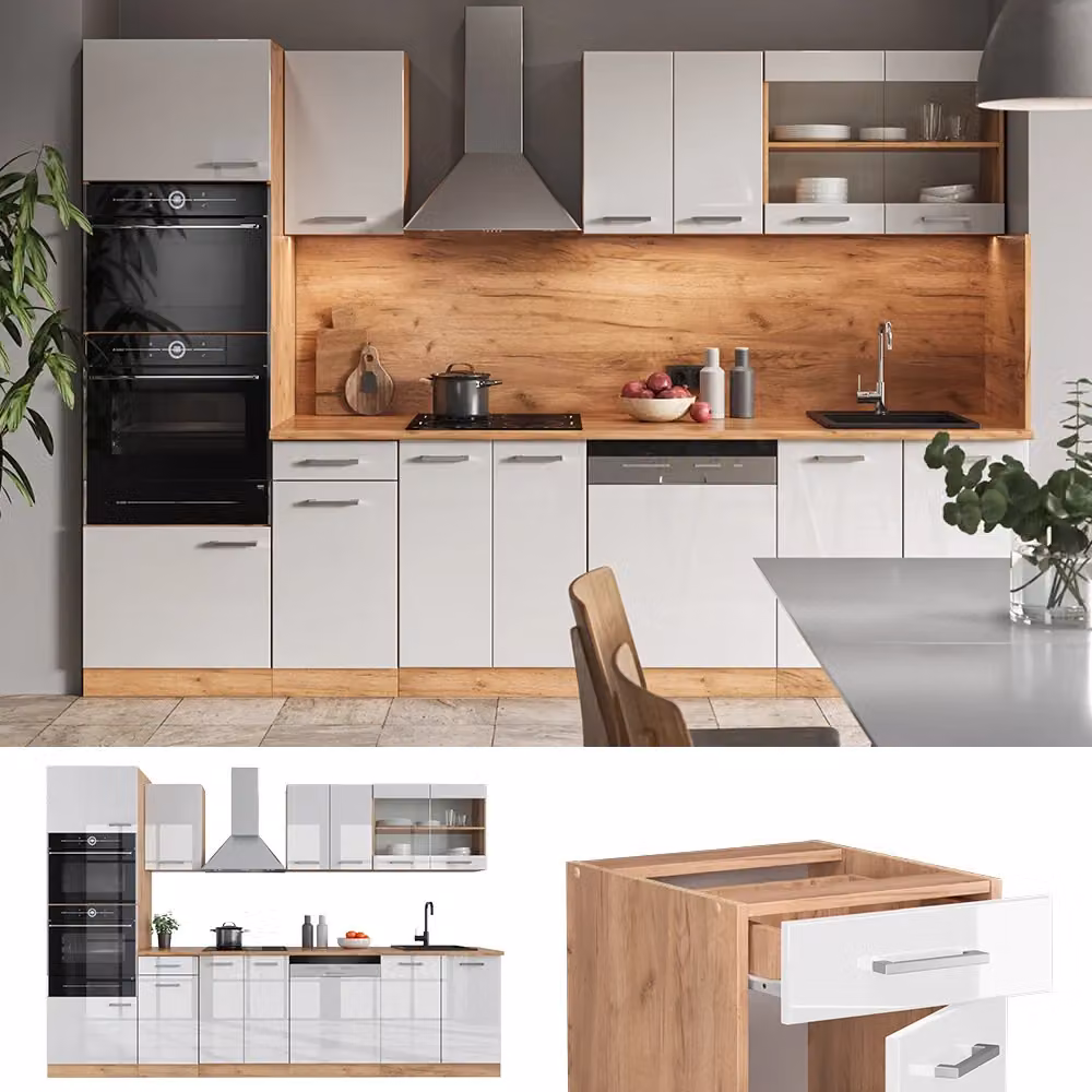Cucina componibile moderna Vicco R-Line Bianco lucido e Rovere dorato con armadio alto e piano antracite, L: 300 cm – 2
