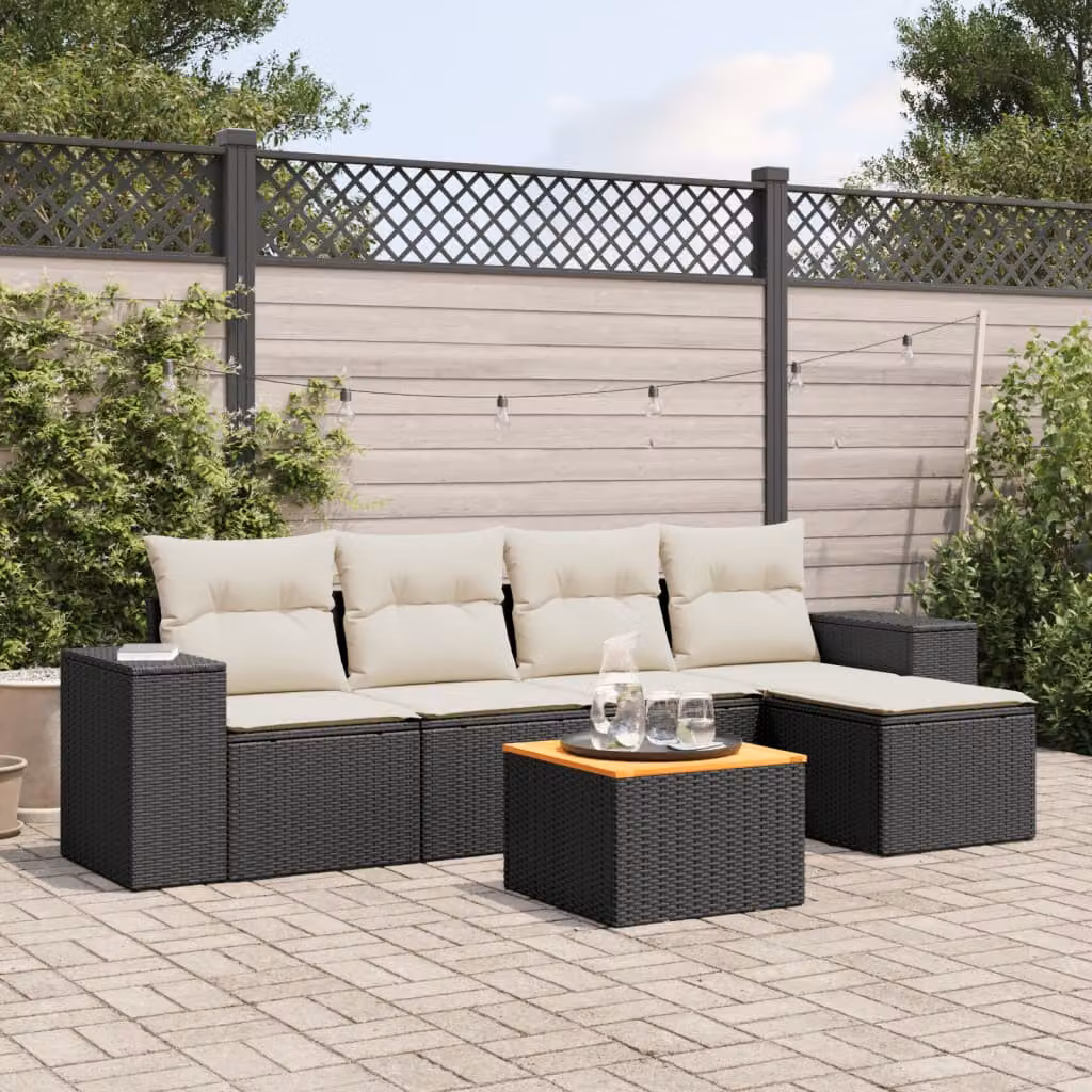 Set Divano da Giardino vidaXL 6 pz in Polyrattan Nero con Cuscini e Tavolino – 1