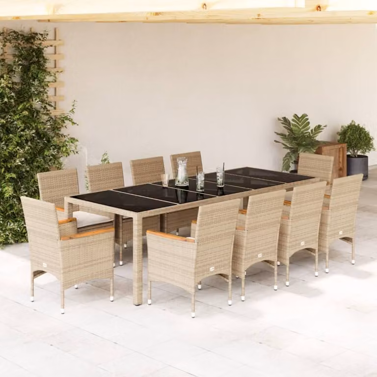 Set da Pranzo da Giardino vidaXL 11 pz in Polyrattan con Tavolo in Legno di Acacia e Vetro, Cuscini Beige e Bianchi