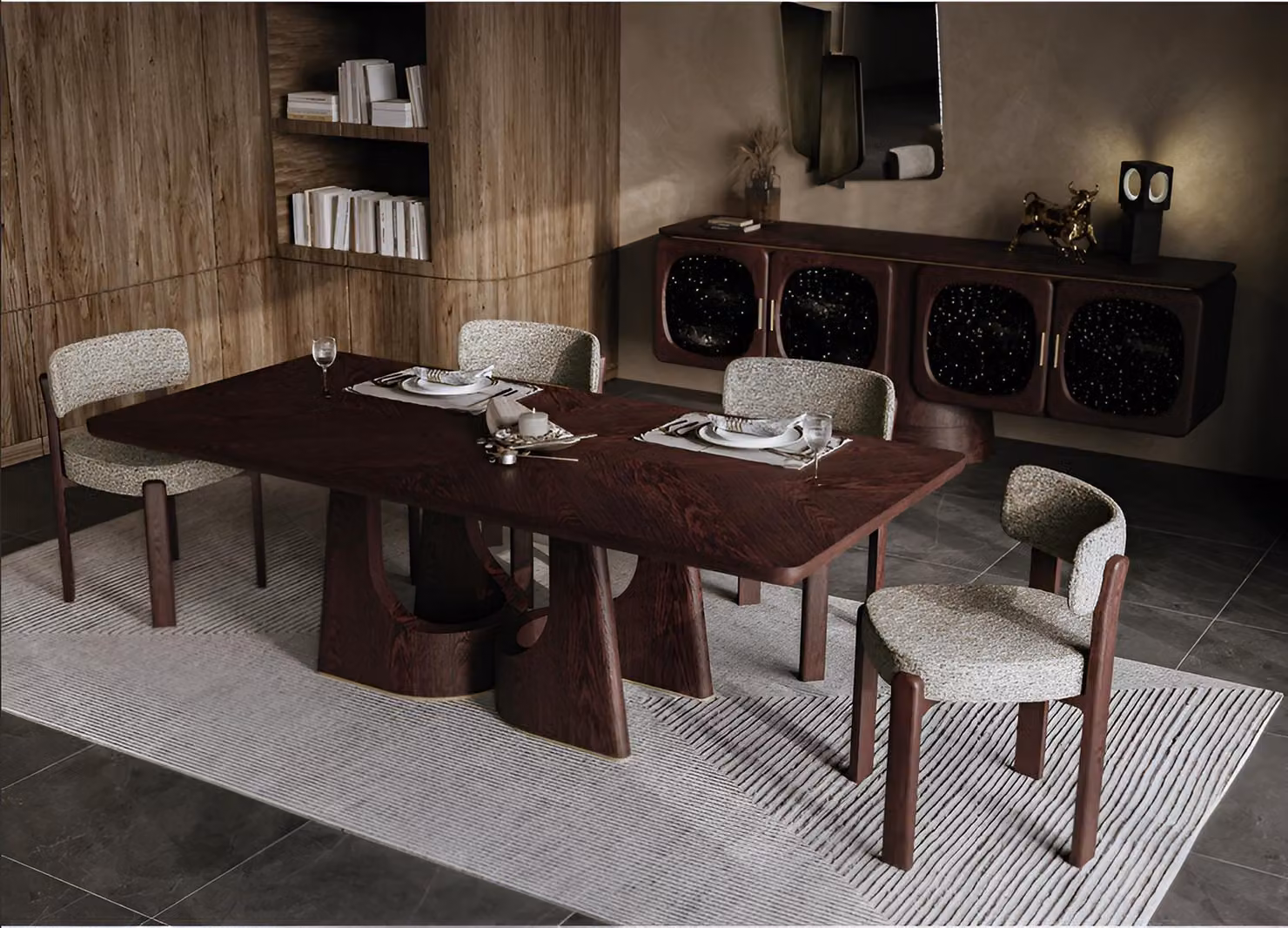 Set da pranzo nei toni del marrone-beige: tavolo da pranzo di design, sedie imbottite, credenza