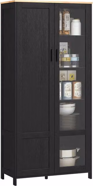 Armadio Dispensa con Ante in Vetro ¨C Minimal ¨C Nero e Legno 76x36x160 cm