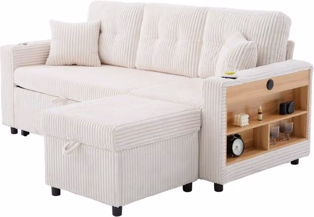 Divano letto estraibile con vano contenitore, USB-C, LED, portabicchieri e braccioli larghi in velluto a coste beige