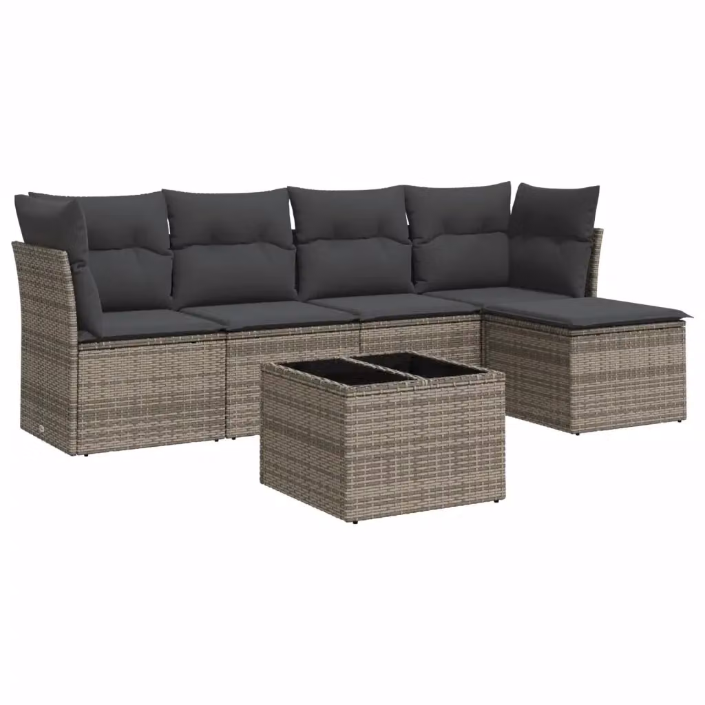 vidaXL Set Divano da Giardino 6 pz a Forma di L in Polyrattan Grigio con Cuscini e Tavolino da Caffè – 2