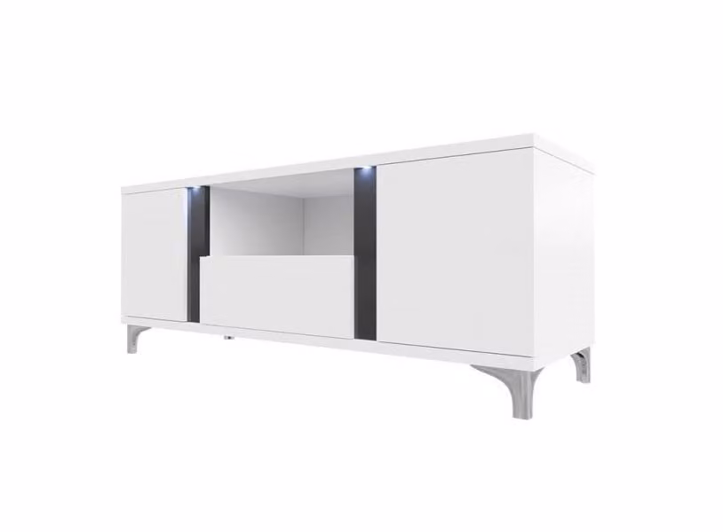 Tavolino per TV con illuminazione a LED BANTRY - bianco / bianco lucido / nero lucido