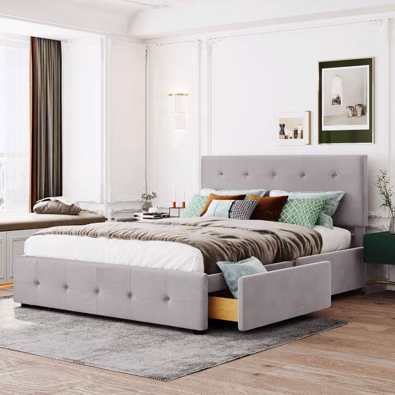 Letto imbottito Sweiko 140*200cm, letto classico con cassetto e rete a doghe e schienale, rete matrimoniale in tessuto vellutato skin-friendly beige (senza materasso)