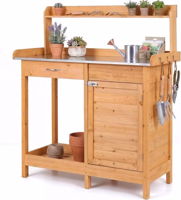 Tavolo da Giardinaggio COSTWAY in Legno Marrone con Piano in Acciaio Inox, Banco da Lavoro con Ripiani, Armadietto, Cassetto e 3 Ganci, H 125 x L 112 x P 46,5 cm