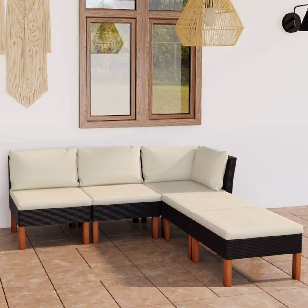 The Living Store Set da giardino 5 pezzi con cuscini in poly rattan nero