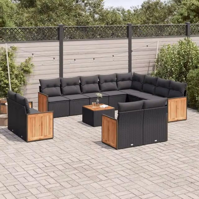 Set di divani da giardino VIDAXL a forma di U in polyrattan nero con 13 pezzi e cuscini inclusi