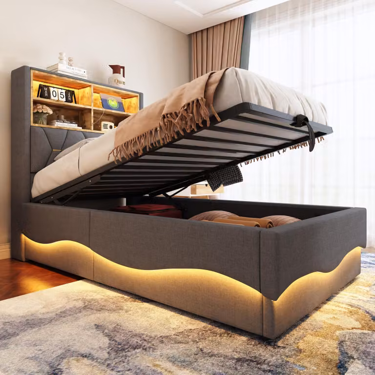 Letto imbottito Flieks 90x200cm con contenitore, letto per ragazzi letto singolo con usb e led, letto contenitore con rete a doghe in metallo, lino, grigio