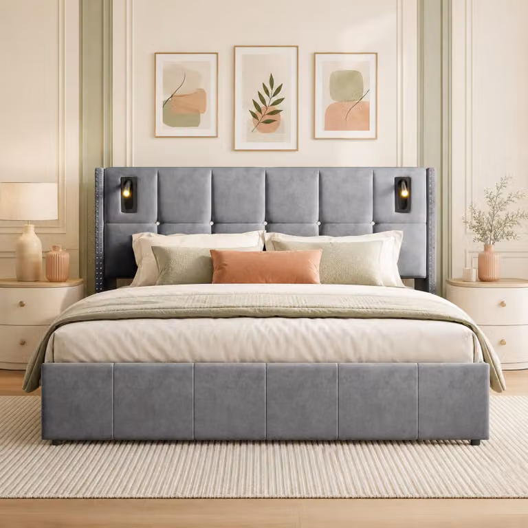 Letto imbottito INONEFT 140x200 cm con LED e porta USB di tipo C, letto con box e contenitore, letto matrimoniale per giovani con spazio contenitivo, rivestito in velluto grigio