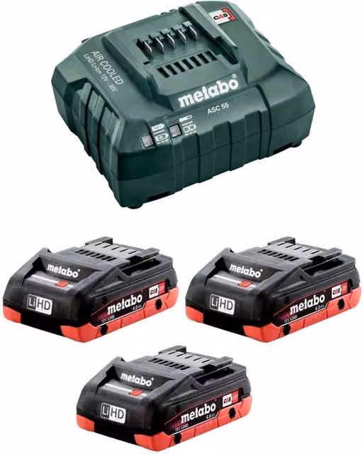 Power Set Metabo verde con 3 batterie 18V 4,0 Ah LiHD e caricabatterie ASC55
