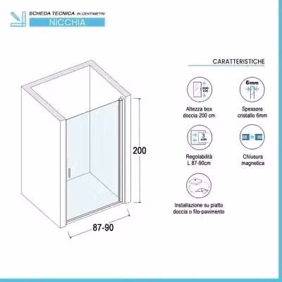 Porta doccia a nicchia INBAGNO rettangolare a battente, vetro trasparente e finitura nero opaco, L: 90 cm, H: 200 cm, Spessore: 6 mm – 2